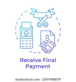 Ícone de conceito de gradiente azul de recebimento do pagamento final. Processo de fatoração. Conclusão e êxito da transação. Ilustração de linha de forma redonda. Ideia abstrata. Design gráfico. Fácil de usar no artigo