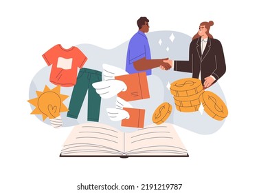 Receive funding for startup business idea. Storytelling marketing campaign for clothes brand, company story. Project cooperation concept. Flat graphic vector illustration isolated on white