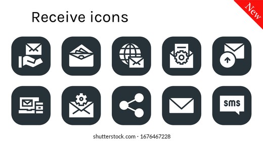conjunto de iconos de recepción. 10 iconos de recepción rellenos. Iconos de correo electrónico, sobres, correo electrónico, envío, recurso compartido y mensajes de correo electrónico incluidos