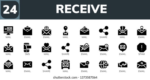 receive icon set. 24 filled receive icons.  Simple modern icons about  - Mail, Email, Share, Sms, Spam