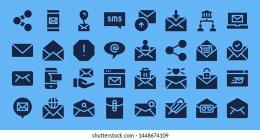 receive icon set. 32 filled receive icons. on blue background style Collection Of - Share, Email, Sms, Mail, Spam, Arroba, Sent, Sharing, Mailing