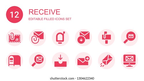 receive icon set. Collection of 12 filled receive icons included Envelope, Attachment, Mailbox, Received, Mail, Inbox, Email