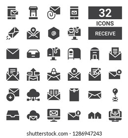 receive icon set. Collection of 32 filled receive icons included Email, Attached, Inbox, Mail, Envelope, Data sharing, Received, Mailbox, Mail box, Arroba, Attachment, Letterbox