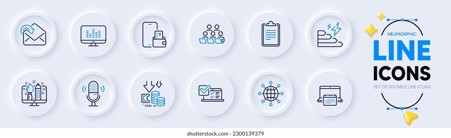 Receive mail, International globe and Consumption growth line icons for web app. Pack of Music making, Teamwork, Microphone pictogram icons. Clipboard, Online survey, Deflation signs. Vector