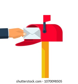 Receive mail. Man takes out a letter from the mailbox. Envelope in hand. Vector illustration flat design. Isolated on white background. Open mailbox with paper envelope. 