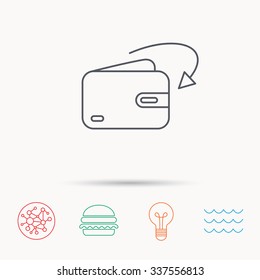 Receive money icon. Cash wallet sign. Global connect network, ocean wave and burger icons. Lightbulb lamp symbol.