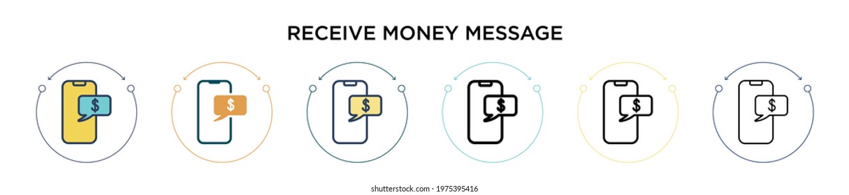 Receive money message icon in filled, thin line, outline and stroke style. Vector illustration of two colored and black receive money message vector icons designs can be used for mobile, ui, web