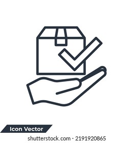 receive package icon logo vector illustration. Hand and box symbol template for graphic and web design collection