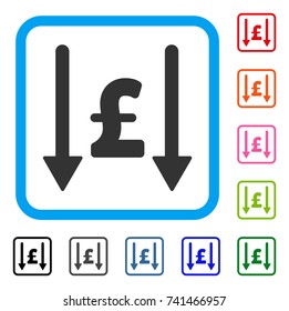 Receive Pound icon. Flat gray pictogram symbol inside a light blue rounded squared frame. Black, gray, green, blue, red, orange color additional versions of Receive Pound vector.