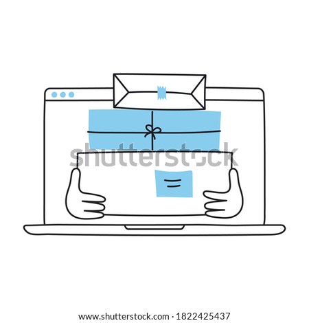 Receive purchases, shopping bags, and packages from the computer, online shopping, delivery concept. Hands stretch with purchases, shopping bags, and packages from the computer display. Line vector