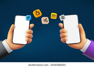 Recibe contenido de redes sociales con dos smartphones. ilustración vectorial 3d
