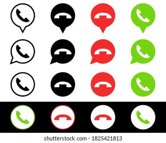 Icono de teléfono. Icono de la burbuja de chat. Elementos aislados del vector. Botón negro, verde, rojo en el teléfono inteligente. Vector de material. EPS 10