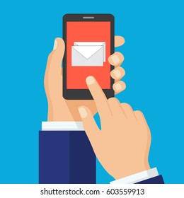 Received message concept. Hand touching smart phone with email symbol on the screen. New email. Vector illustration flat design. Isolated on background.