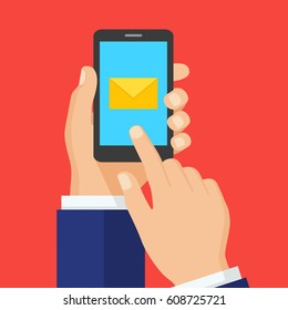 Received message concept. Hand touching smart phone with email symbol on the screen. New email. Vector illustration flat design. Isolated on background.