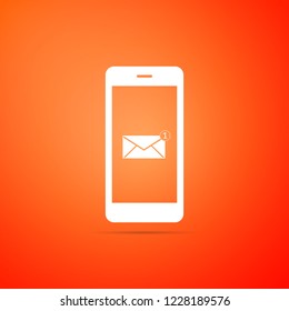 Received message concept. New email notification on the smartphone screen icon isolated on orange background. New message on the phone screen. Mail delivery service. Flat design. Vector Illustration