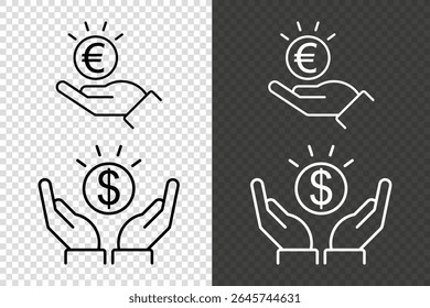 Received money icon. Vector icon of hands holding dollar and euro coins with rays, shown in outline style on a transparent background. Pixel perfect