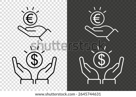 Received money icon. Vector icon of hands holding dollar and euro coins with rays, shown in outline style on a transparent background. Pixel perfect
