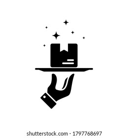 Icono de paquete recibido. Envío. Caja en la palma. Concepto de entrega sin contacto expreso. Servicio de correo de Courier. Entrega en casa. Vector de fondo blanco aislado. EPS 10.