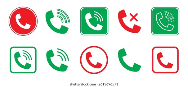 Received and reject Phone call icon set isolated on white background. Simple telephone Contact Icon Set in green and red Circle and Square Shape. Vector illustration.