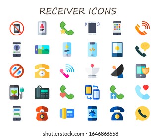 receiver icon set. 30 flat receiver icons.  Simple modern icons such as: no phone, mobile, phone call, smartphone, calling, phone, receiver, telephone, telephone call, satellite dish