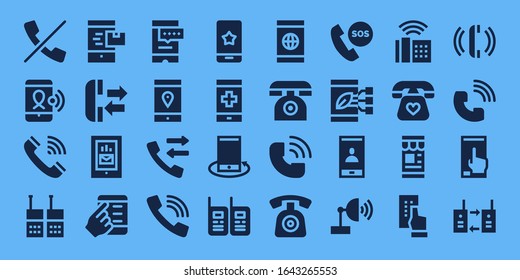 receiver icon set. 32 filled receiver icons. on blue background style Simple modern icons such as: No calls, Smartphone, Telephone, Walkie talkie, Phone, Call, Walkie talkies