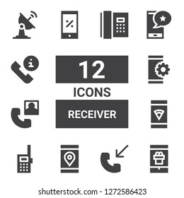 receiver icon set. Collection of 12 filled receiver icons included Smartphone, Phone call, Walkie talkie, Satellite dish, Phone