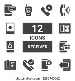 receiver icon set. Collection of 12 filled receiver icons included Smartphone, Phone, Phone receiver, Telephone, Walkie talkie, Call, Phone call