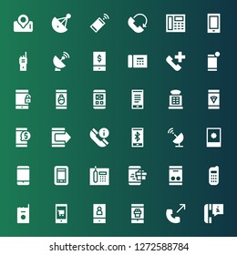 receiver icon set. Collection of 36 filled receiver icons included Phone call, Smartphone, Walkie talkie, Phone, Satellite dish, Payphone, Telephone
