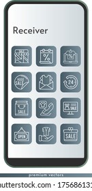 receiver icon set. included gift, calendar, online shop, newsletter, shopping bag, sale, 24-hours, shop, jacket, phone call, open icons on phone design background . linear styles.