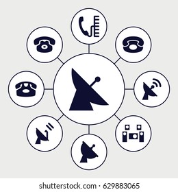 Receiver icons set. set of 9 receiver filled icons such as satellite, desk phone, audio system