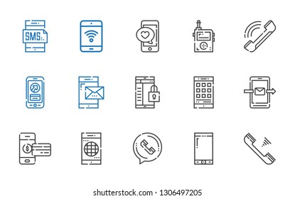 receiver icons set. Collection of receiver with telephone, smartphone, phone call, phone, walkie talkie, mobile phone. Editable and scalable receiver icons.