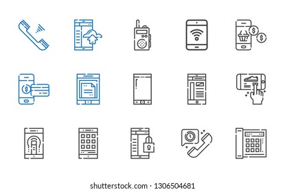 receiver icons set. Collection of receiver with telephone, smartphone, mobile phone, walkie talkie. Editable and scalable receiver icons.