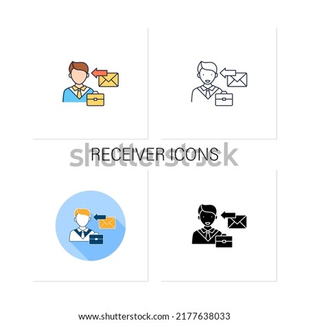 Receiver icons set. Message delivered. Man receive email, letter, message from job. Effective communication concept.Collection of icons in linear, filled, color styles.Isolated vector illustrations
