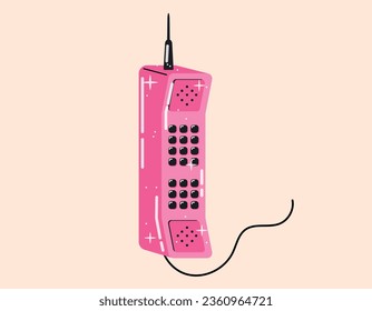 Receiver of an old retro telephone with a wire. Vector isolated flat illustration, 90s style.