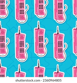 Receiver of an old retro telephone with a wire. Vector cartoon seamless pattern, 90s style.