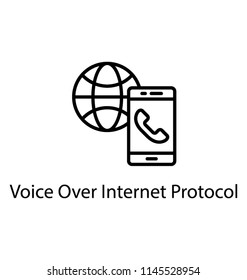 Receiver on mobile screen with a globe grid in the background, Voice over Internet Protocol icon 