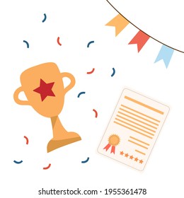 Receiving an achievement award. Vector illustration with a cup, a certificate and elements of celebration. Perfect for advertising or advertising at school or university