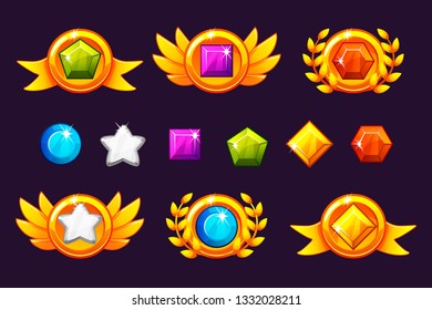 Receiving achievement Awards coin and Gems set, different Awards. For game, user interface, banner, application, interface, slots, game development. Vector objects on a separate layer.