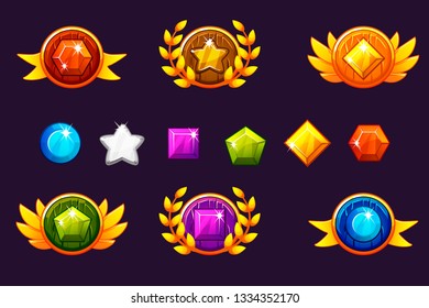 Receiving achievement Awards round Shield and Gems set, different Awards. For game, user interface, banner, application, interface, slots, game development. Vector objects on a separate layer.