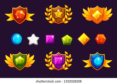 Receiving achievement Awards Shield and Gems set, different Awards. For game, user interface, banner, application, interface, slots, game development. Vector objects on a separate layer.