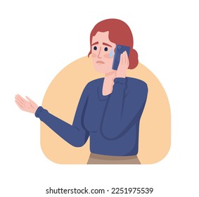 Receiving bad news over mobile phone 2D vector isolated illustration. Upset woman crying on smartphone flat character on cartoon background. Colorful editable scene for mobile, website, presentation