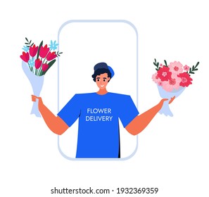 Recibir plantas florecientes envueltas de un trabajador de nutrientes humanos. Publicidad del servicio de entrega de Bouquet de flores. Felicitaciones por el Día Internacional de la Mujer, cumpleaños, aniversario. Ecommerce
