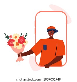 Receiving Blooming Plants in Wrapping from Man Courier Worker. Flower Bouquet Delivery Service Advertisement. Congratulation with International Women Day, Birthday, Anniversary. Ecommerce