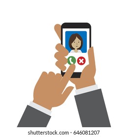Receiving call from woman. Hand holding smartphone. Flat design.