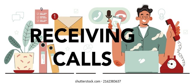 Recibiendo llamadas encabezado tipográfico. Mantenimiento y suministro de espacio de coworking. Administrador de oficinas respondiendo a llamadas, ordenando papelería y manteniendo la oficina limpia. Ilustración vectorial plana