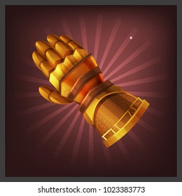 Receiving the cartoon achievement game screen. Vector illustration with golden armor glove.