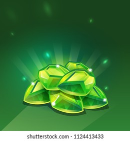 Recibiendo la pantalla del juego de los logros de la caricatura. Ilustración vectorial con galardón - gemas verdes.