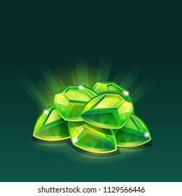 Receiving the cartoon achievement game screen. Vector illustration with award - green gems.