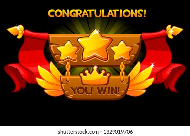 Receiving the cartoon achievement game screen. Vector banner. For game, user interface, banner, application, game development. Objects on a separate layer.