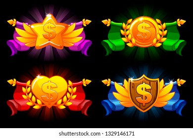 Recibiendo la pantalla del juego de los logros de la caricatura. Dólar vectorial, corazón, estrella y medallas escudo. Para juego, interfaz de usuario, banner, aplicación, desarrollo de juegos. Objetos en una capa independiente.